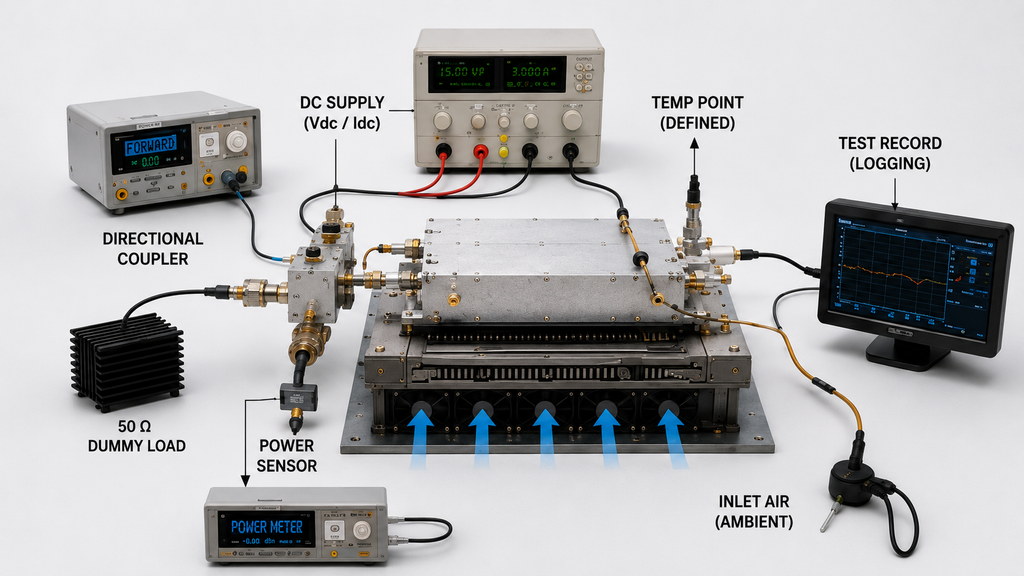 RF PA thermal design test setup defining RF operating conditions, DC supply, temperature point, cooling boundary, and test logging.