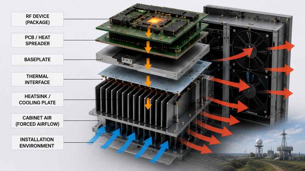 RF PA thermal path from the power device and PCB through the baseplate, thermal interface, heatsink, cabinet airflow, and installation environment.