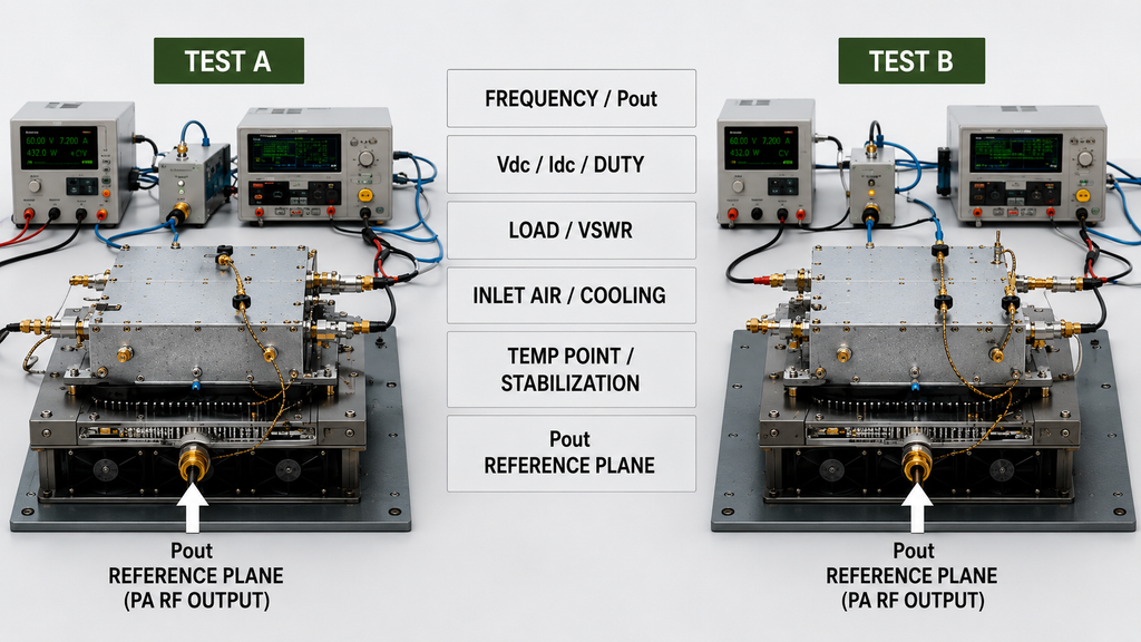 Two RF PA thermal tests compared using matched frequency, Pout, Vdc, Idc, duty cycle, VSWR, cooling, temperature point, and Pout reference plane.