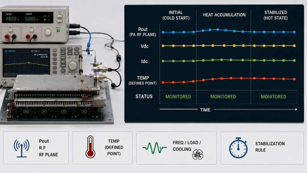 RF PA hot-state test tracking Pout, Vdc, Idc, temperature, and status from cold start through heat accumulation to thermal stabilization.