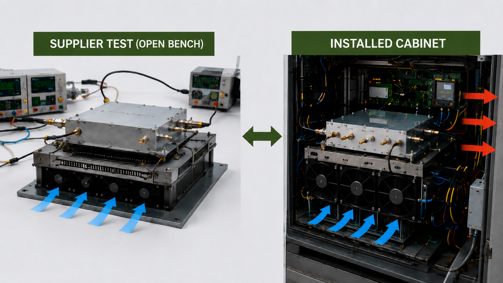 Comparison of an RF PA supplier open-bench thermal test with the installed cabinet cooling boundary and airflow conditions.