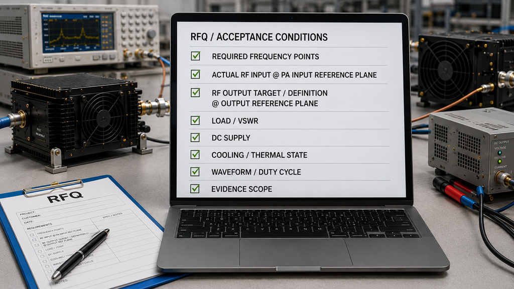 Anti-drone signal quality RFQ checklist covering frequency points, actual RF input, output reference plane, load and VSWR, DC supply, thermal state, duty cycle, and evidence scope.