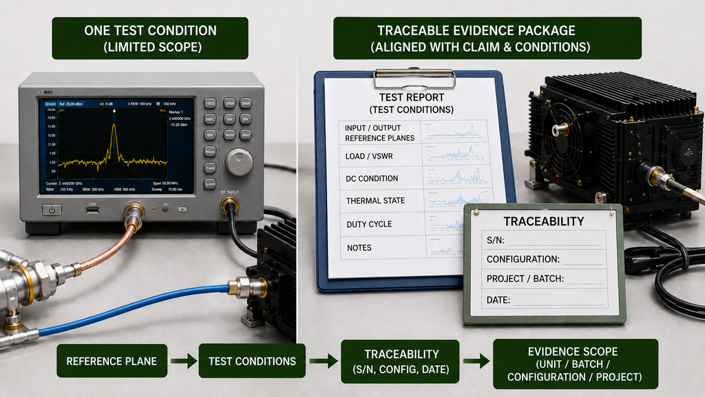 Anti-drone signal quality evidence comparison between a single test condition and a traceable evidence package with test conditions, traceability, and evidence scope.