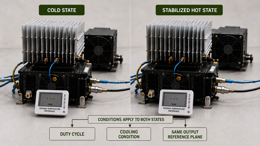 Anti-drone signal quality comparison of cold and stabilized hot states under the same duty cycle, cooling condition, output reference plane, and defined temperature reference.