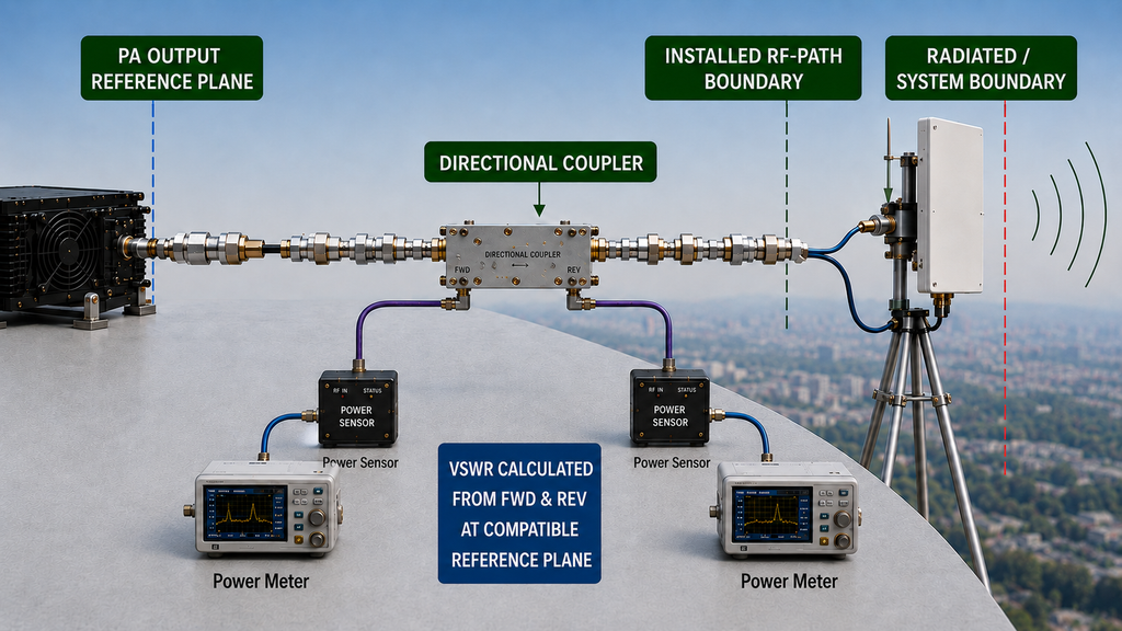 Anti-drone signal quality measurement showing the PA output reference plane, directional coupler FWD and REV sampling, installed RF-path boundary, and radiated system boundary.