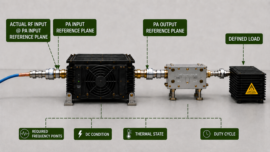 Anti-drone signal quality verification showing PA input and output reference planes, required frequency points, DC condition, thermal state, duty cycle, and defined load.