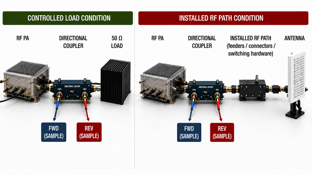 Drone jammer module comparison between a controlled 50 ohm load and an installed RF path using directional coupler FWD and REV samples.