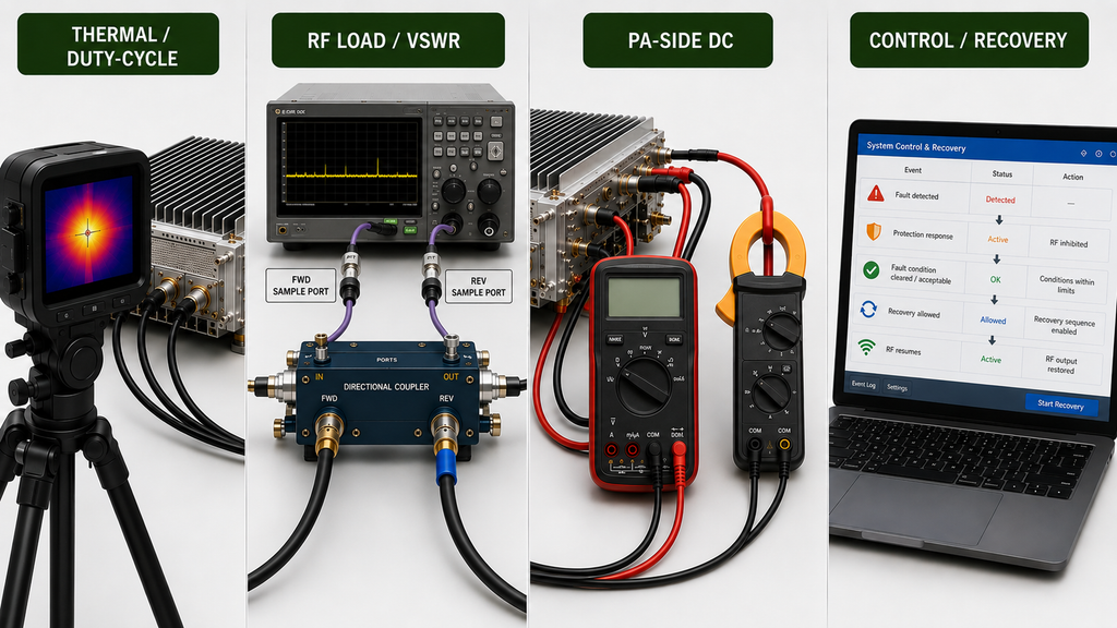 Drone jammer module risk checks for thermal duty cycle, RF load and VSWR, PA-side DC, and control and recovery behavior.