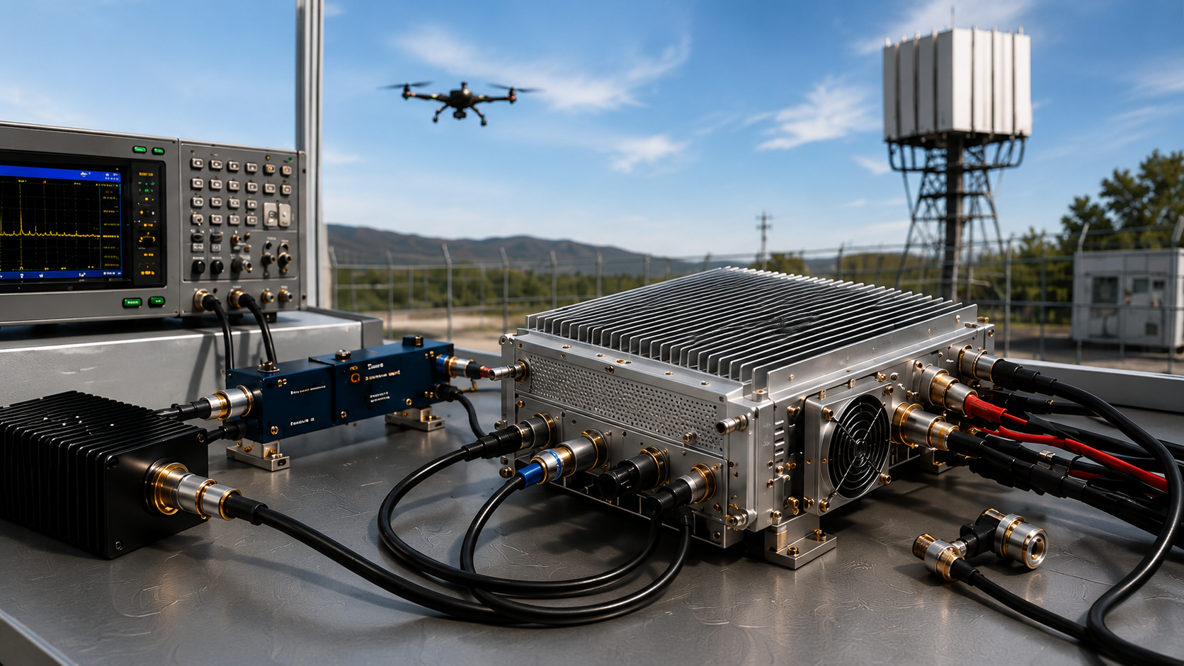 Drone jammer module on an RF test bench with directional coupler, load, test equipment, and a drone in the background.