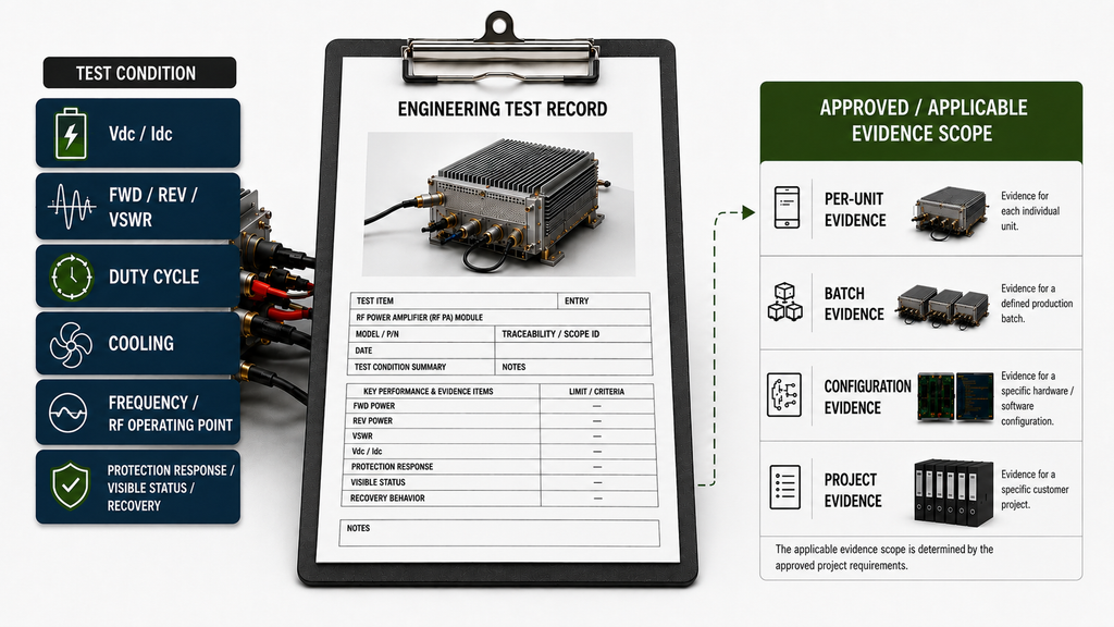 Drone jammer module engineering test record linking operating conditions to per-unit, batch, configuration, and project evidence scope.