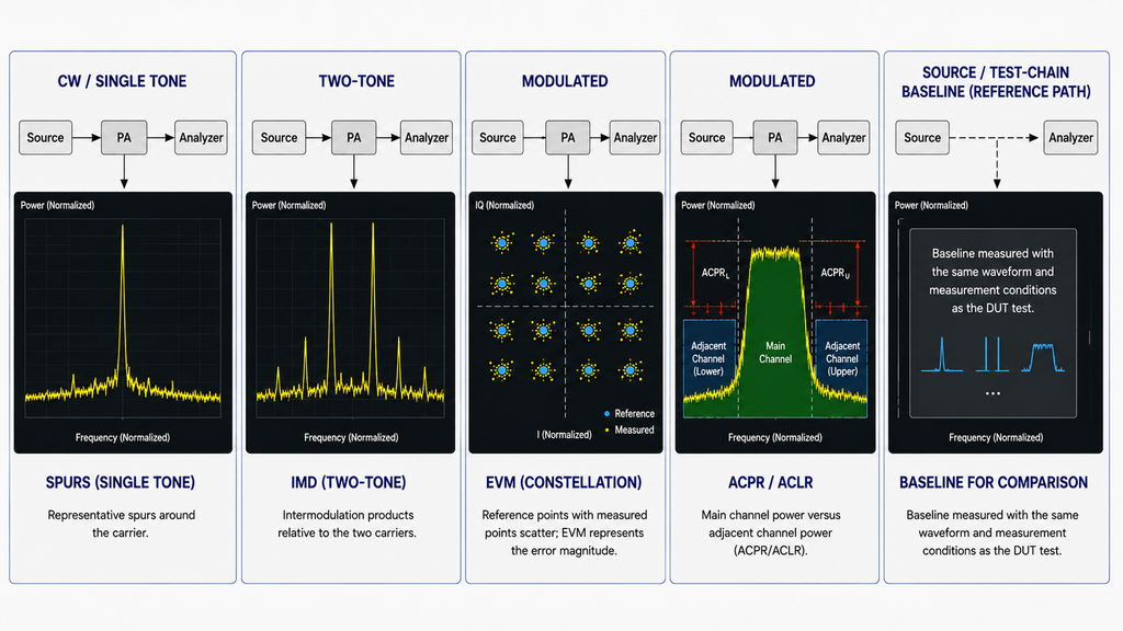RF signal-quality comparison showing single-tone spurs, two-tone intermodulation, modulated-signal EVM and ACPR or ACLR, plus a source and test-chain baseline.