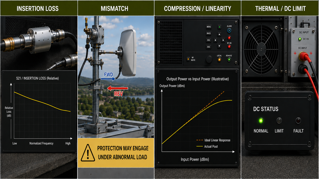 Four RF amplifier limitations affecting usable power: insertion loss, load mismatch and protection, compression and linearity, and thermal or DC limits.