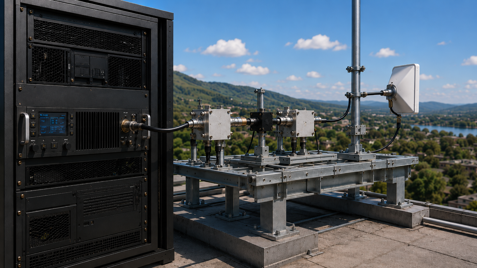 RF power amplifier connected through an outdoor RF path to an antenna system, illustrating how amplifier power relates to range and signal quality.