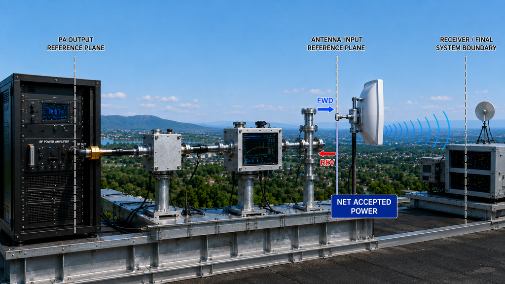 RF system showing separate PA output, antenna-input, and receiver reference boundaries with forward, reflected, and net accepted power at the antenna input.