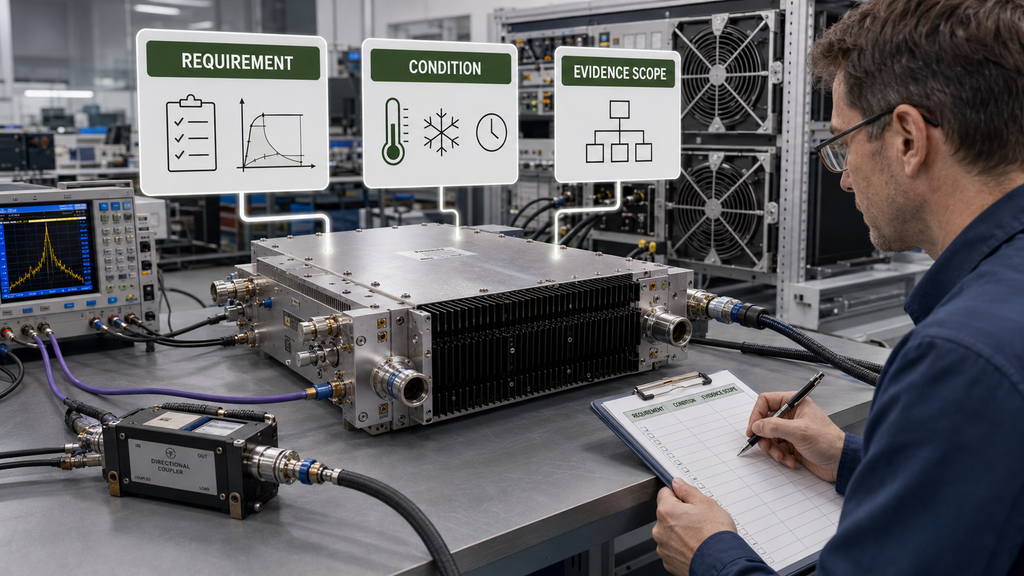 RF power amplifier reliability review showing requirement, operating condition, and evidence scope before RFQ