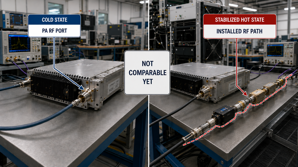 RF PA evidence comparison between PA RF port conditions and the installed RF path