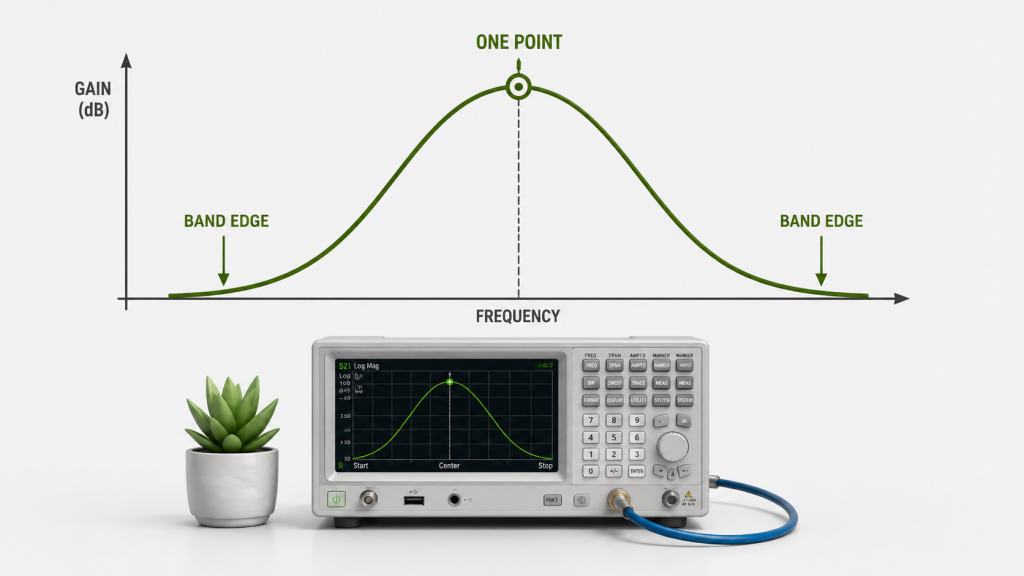 One-point RF Power Amplifier test data compared with full-band gain curve showing hidden weak zones at band edges