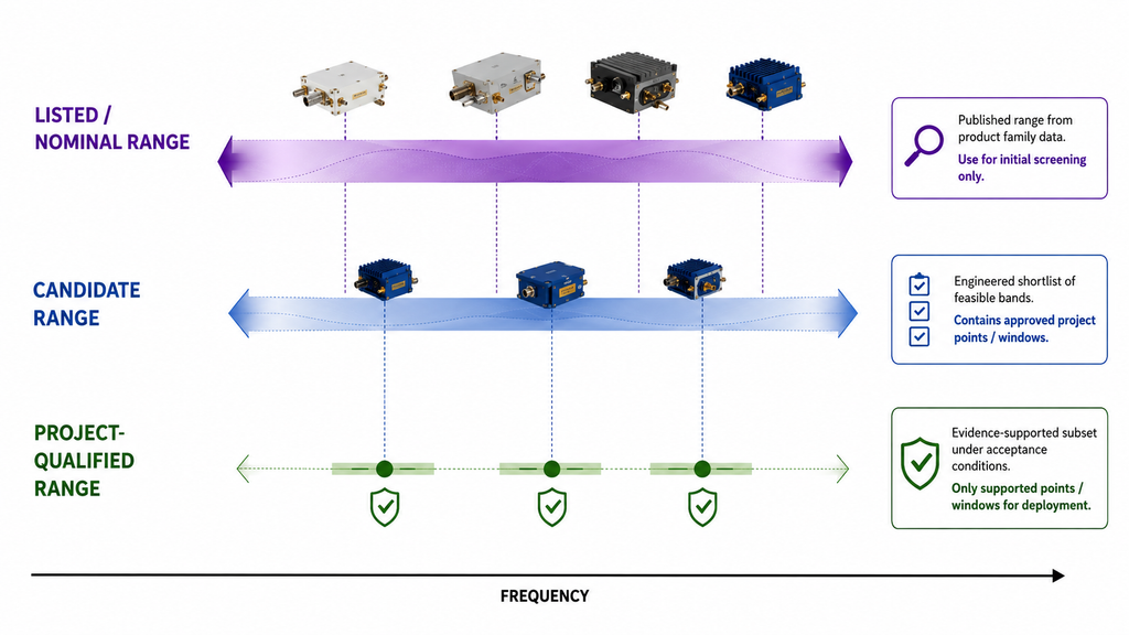 RF PA frequency range diagram comparing listed or nominal range, candidate range, and project-qualified frequency points or windows.