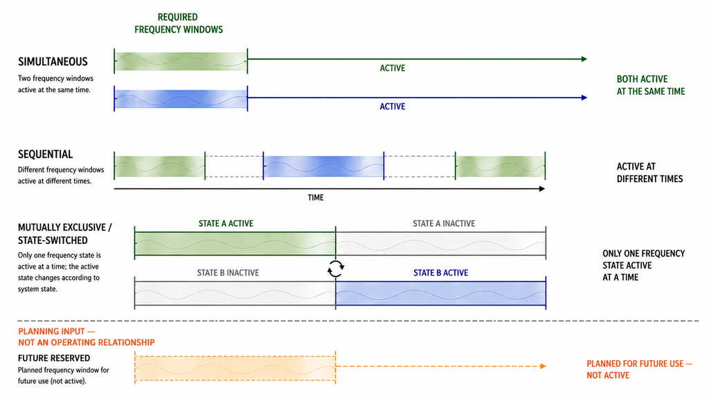 RF PA frequency windows shown as simultaneous, sequential, mutually exclusive or state-switched operation, with future-reserved frequencies separated as planning input.