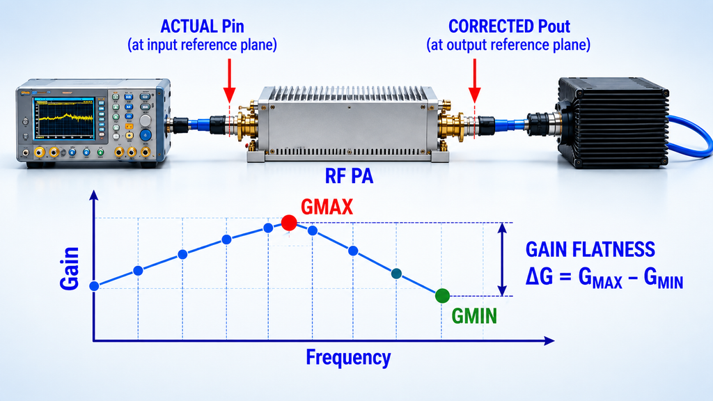 RF PA gain flatness calculation using actual Pin, corrected Pout, Gmax, and Gmin across frequency