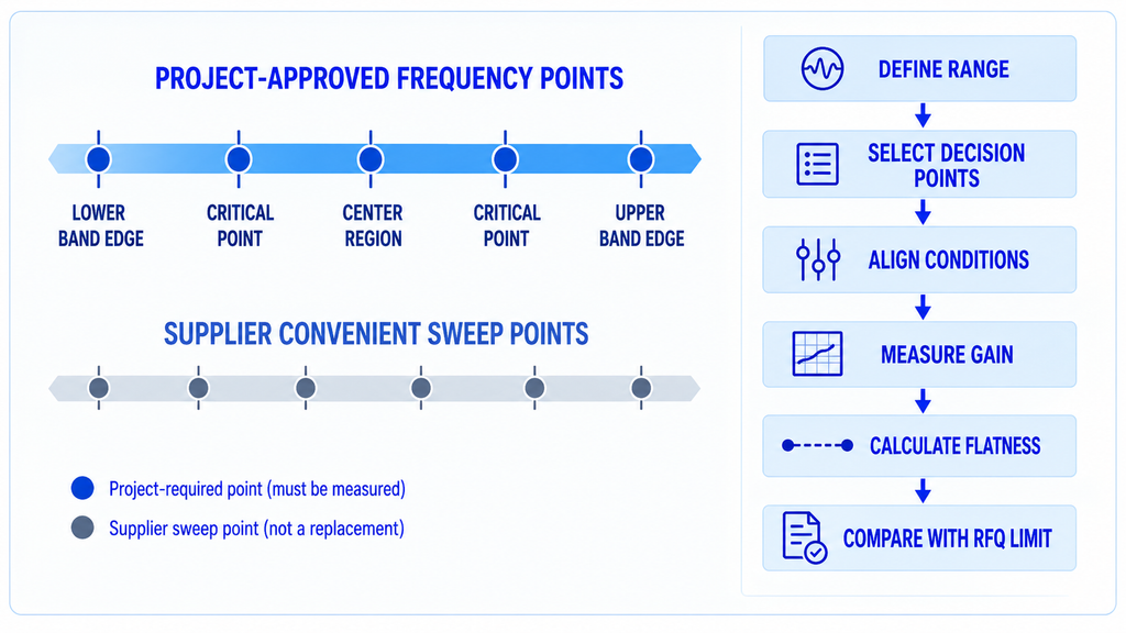 Project-approved frequency points compared with supplier sweep points for RF PA gain flatness testing