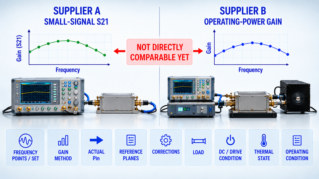 Comparison of small-signal S21 and operating-power gain showing conditions required before RF PA gain data is comparable