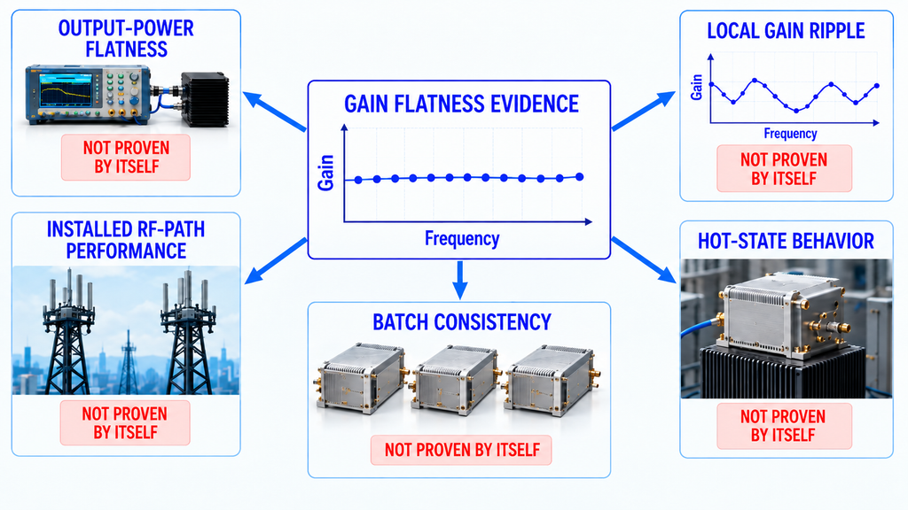 RF PA gain flatness evidence showing that flatness alone does not prove output power, local ripple, installed-path, hot-state, or batch performance