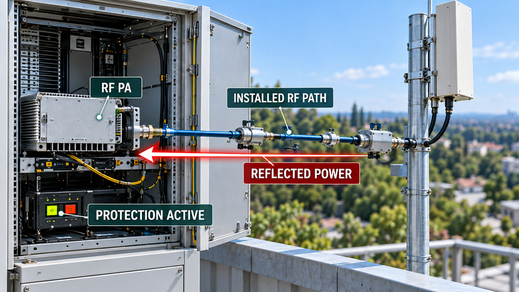 Reflected power returning through the installed antenna path to an RF PA with protection active.