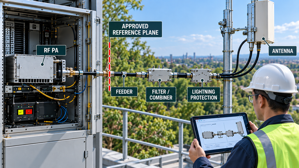 Approved RF path configuration showing the feeder, connectors, RF components, and antenna covered by field acceptance.