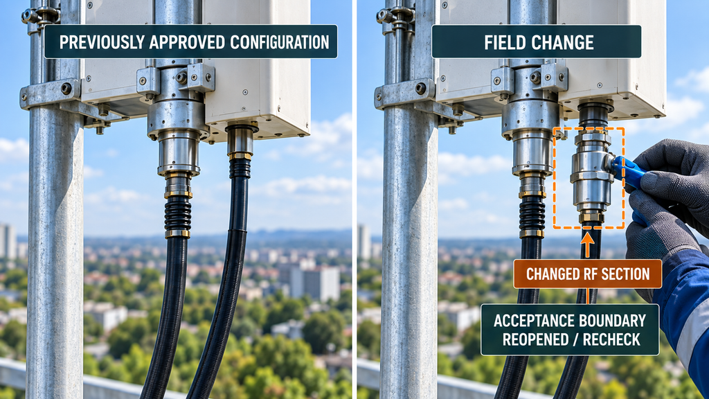 RF installation changes requiring review of the affected VSWR acceptance boundary and retest scope.