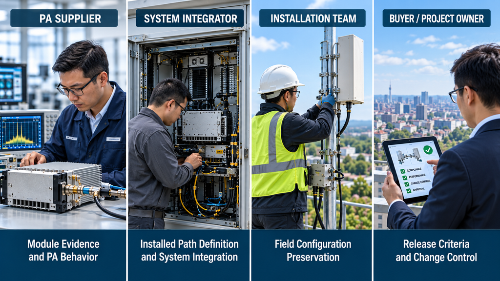 PA supplier, system integrator, installation team, and project owner responsibilities for preventing VSWR field failures.