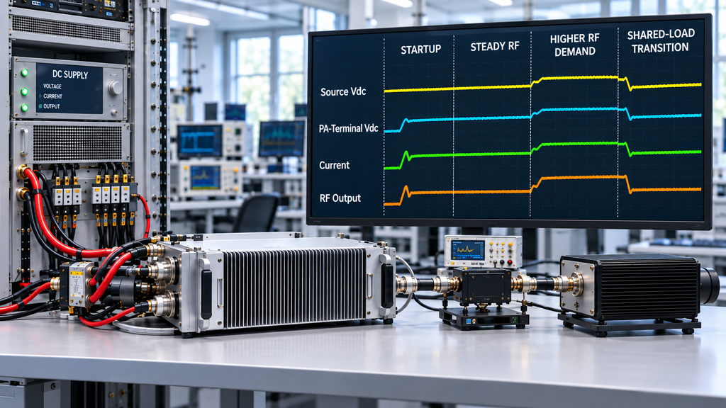 RF PA DC verification across startup, steady RF operation, higher RF demand, and shared-load transition states.