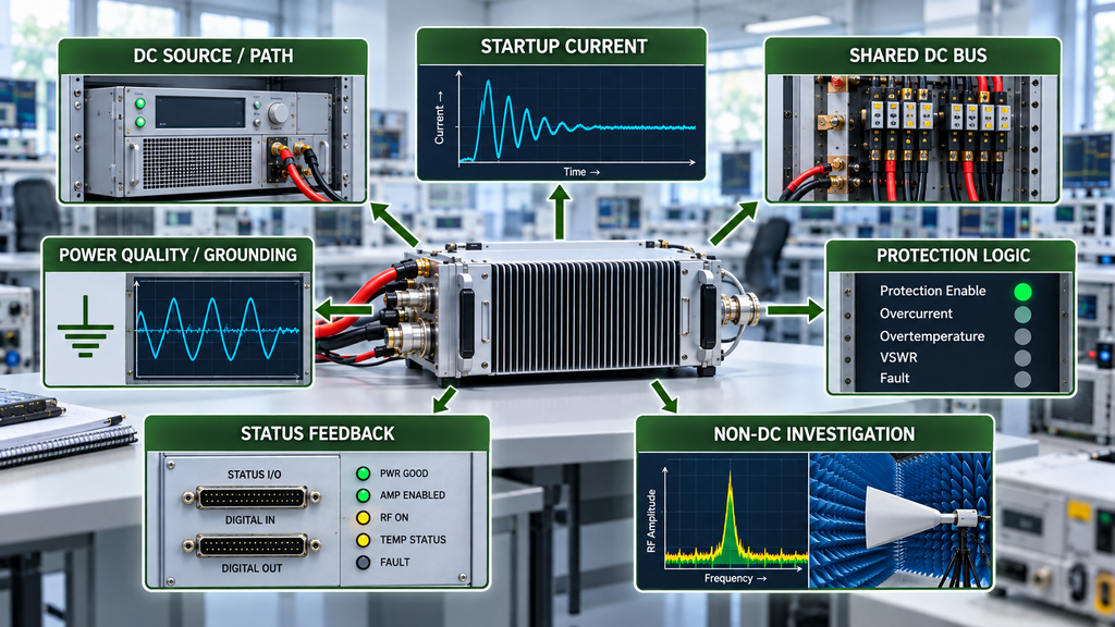 RF PA output-drop investigation paths covering the DC source, startup current, shared DC bus, grounding, protection logic, status feedback, and non-DC causes.