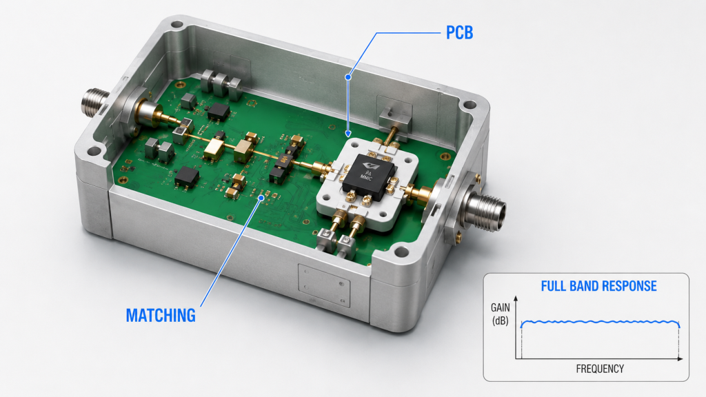 Wideband RF Power Amplifier gain flatness challenge caused by matching networks, PCB parasitics, transistor response, and load sensitivity