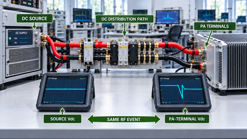 Comparison of source Vdc and PA-terminal Vdc across the DC distribution path during the same RF event.