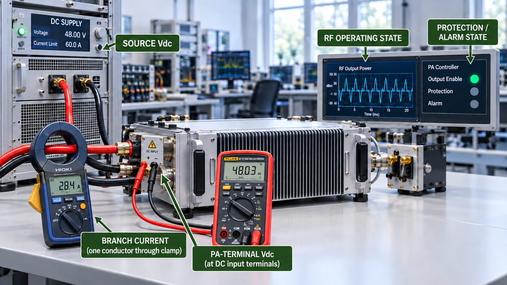 RF PA DC acceptance boundary showing source Vdc, branch current, PA-terminal Vdc, RF operating state, and protection or alarm state.
