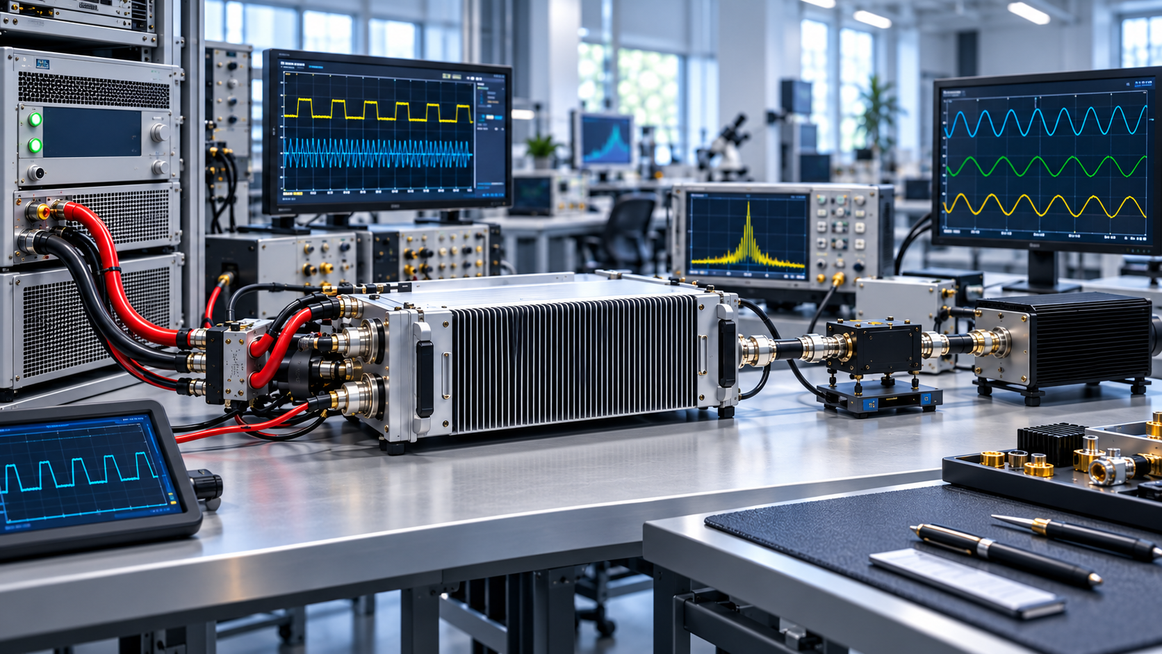 RF PA test setup for preventing output drops caused by DC power issues, showing the DC supply, amplifier, RF measurement path, and monitoring equipment.
