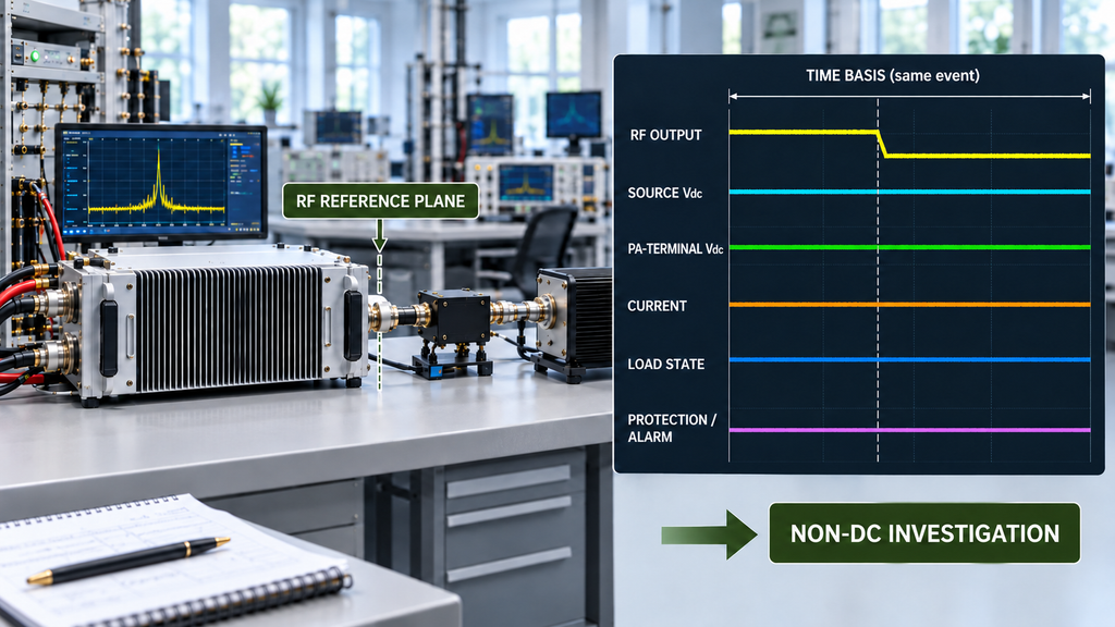 Synchronized RF output, source Vdc, PA-terminal Vdc, current, load state, and protection evidence used to determine whether to continue a DC power investigation.