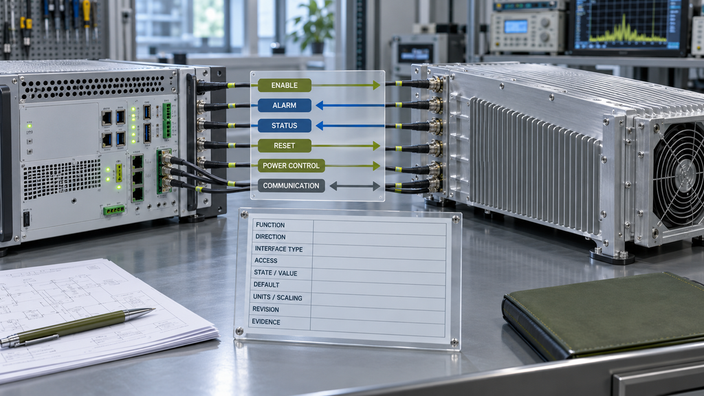 System controller and RF PA showing Enable, Alarm, Status, Reset, Power Control, and Communication interface directions and required definition fields.