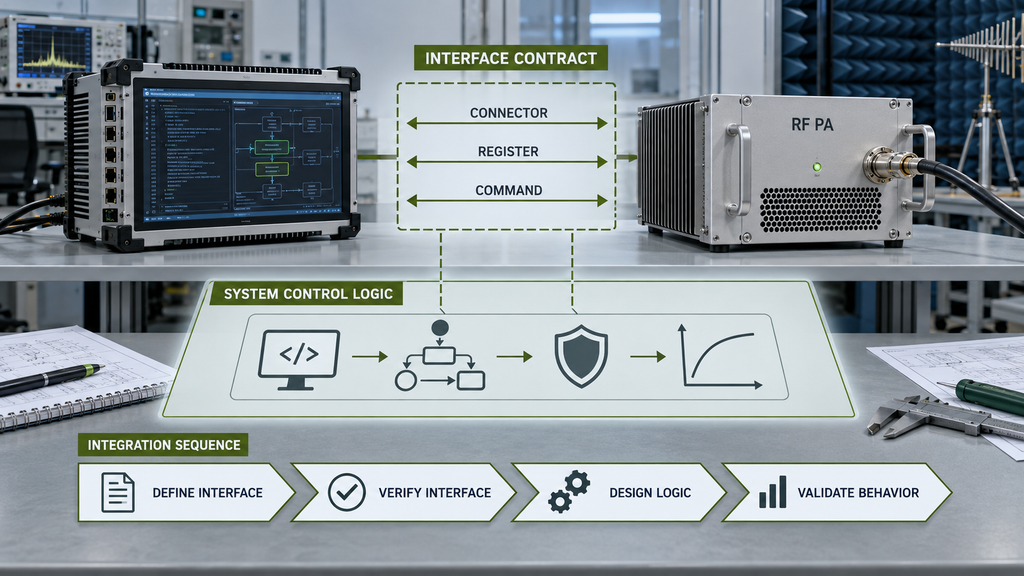 RF PA interface contract defining connector, register, and command access separately from system control logic and integration validation.
