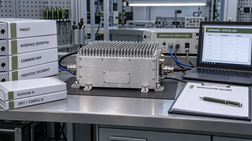 RF PA interface approval evidence including pinout, interface definition, command map, protocol document, revision identity, and controlled verification records.
