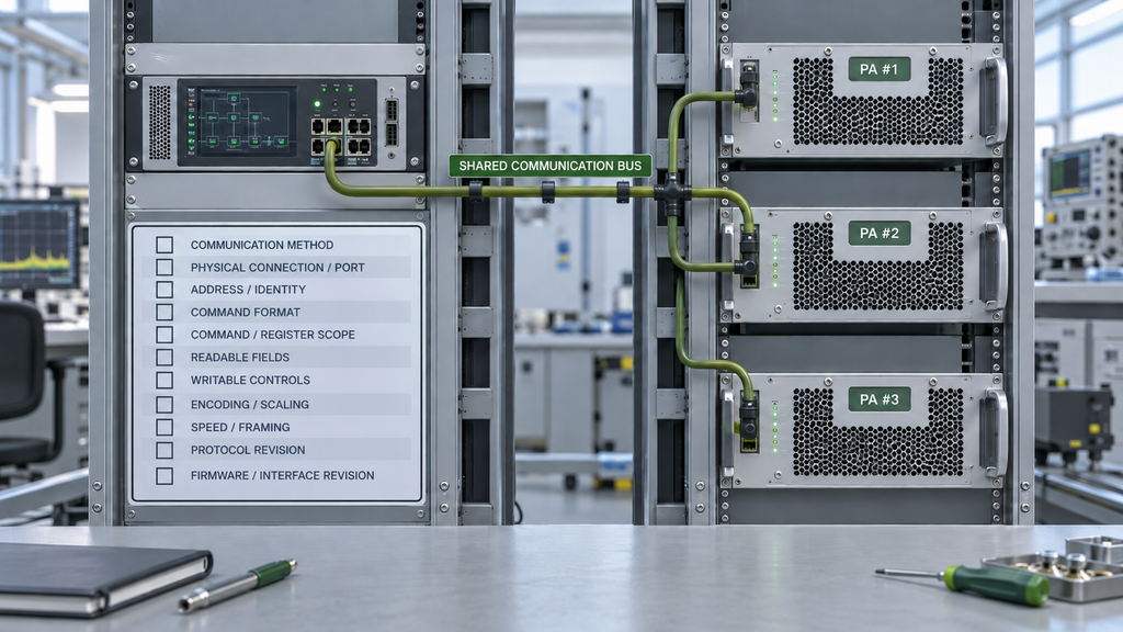 System controller connected to multiple RF PA modules over a shared communication bus with address, command, register, data, and revision requirements.