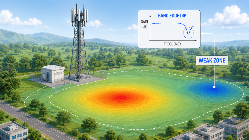 RF Power Amplifier gain flatness weak zones near low-band and high-band edges causing uneven output across the working band