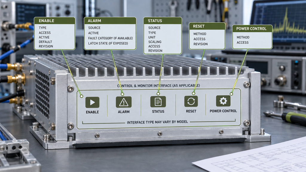 RF PA Enable, Alarm, Status, Reset, and Power Control functions with the key interface fields that must be documented for integration.