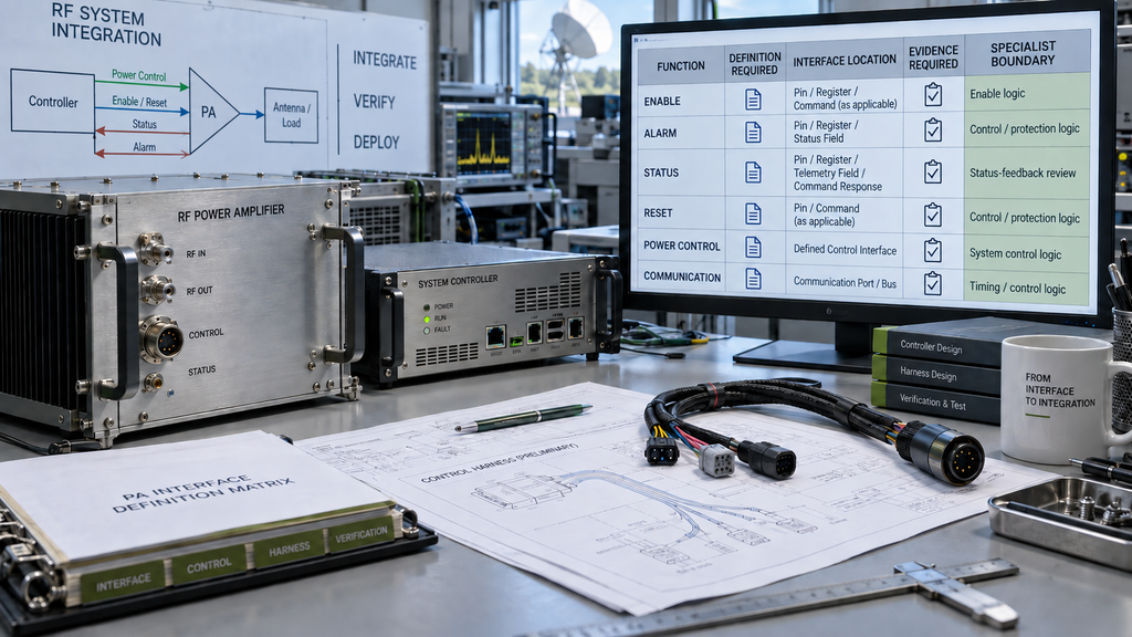 RF PA interface definition matrix showing required definitions, interface locations, evidence requirements, and specialist boundaries for each control function.