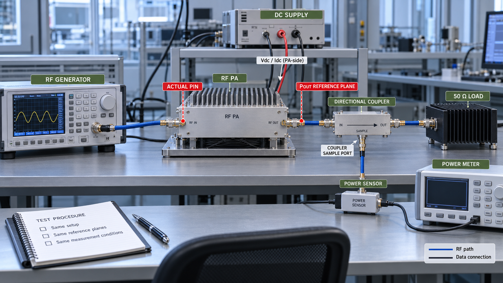 RF PA reliability test pre-stress baseline setup showing Actual Pin, Pout reference plane, DC measurement, directional coupler, power sensor, power meter, and RF load.