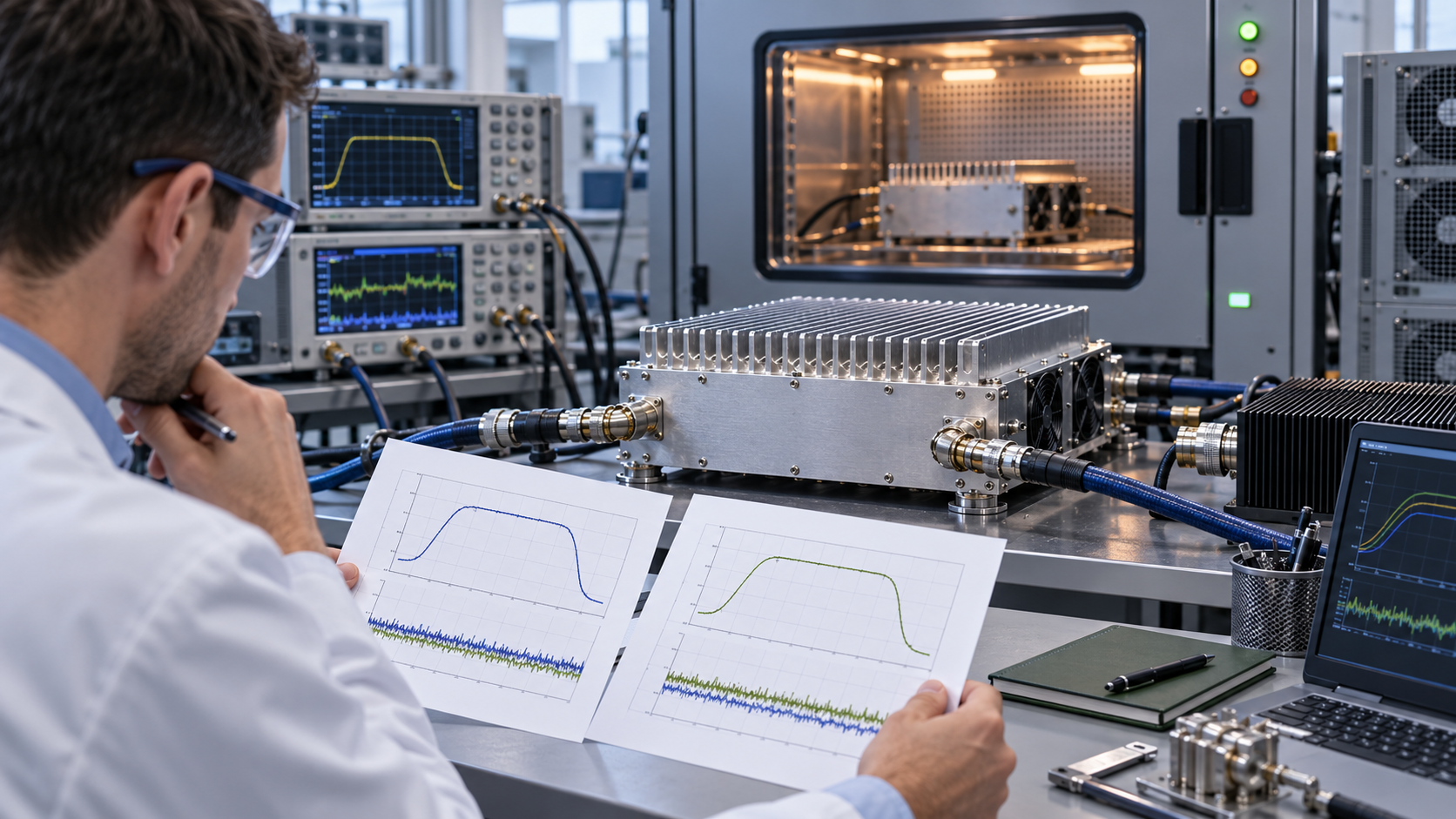 Engineer reviewing pre-stress and post-stress RF PA reliability test evidence beside the amplifier and environmental stress equipment.