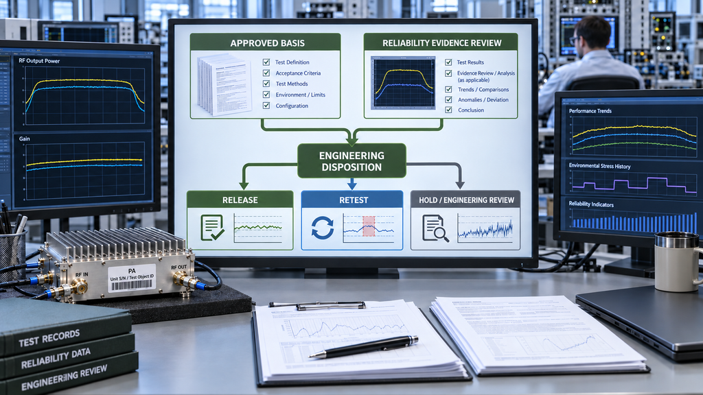 RF PA reliability test engineering disposition based on the approved basis and evidence review, leading to release, retest, or hold.