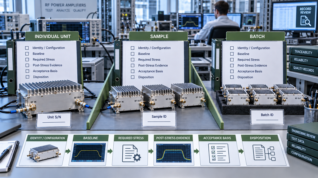 RF PA reliability test evidence scope for an individual unit, sample, or batch with traceable baseline, required stress, post-stress evidence, acceptance basis, and disposition.