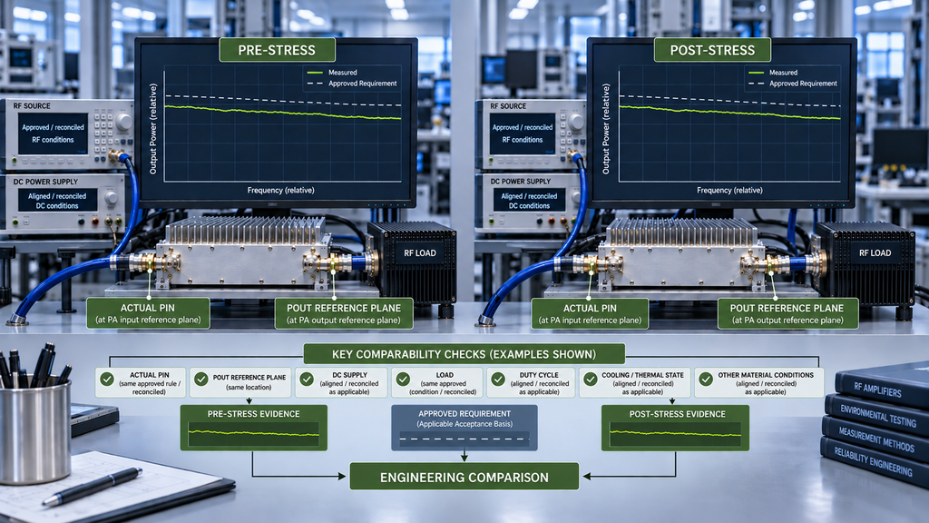 RF PA reliability test comparing pre-stress and post-stress evidence using reconciled Actual Pin, Pout reference plane, load, DC, thermal, and other material conditions.